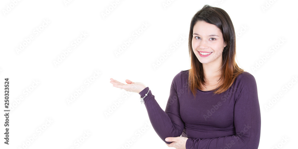 Happy woman presenting with open hand holding something product in space blank Happy woman presenting with open hand holding something product in space blank