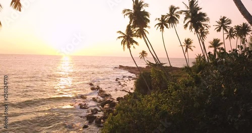 Romantic sunset on a tropical beach with palm trees photo