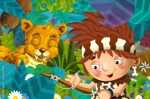 cartoon scene with caveman barbarian warrior encountering sabre tooth illustration for children