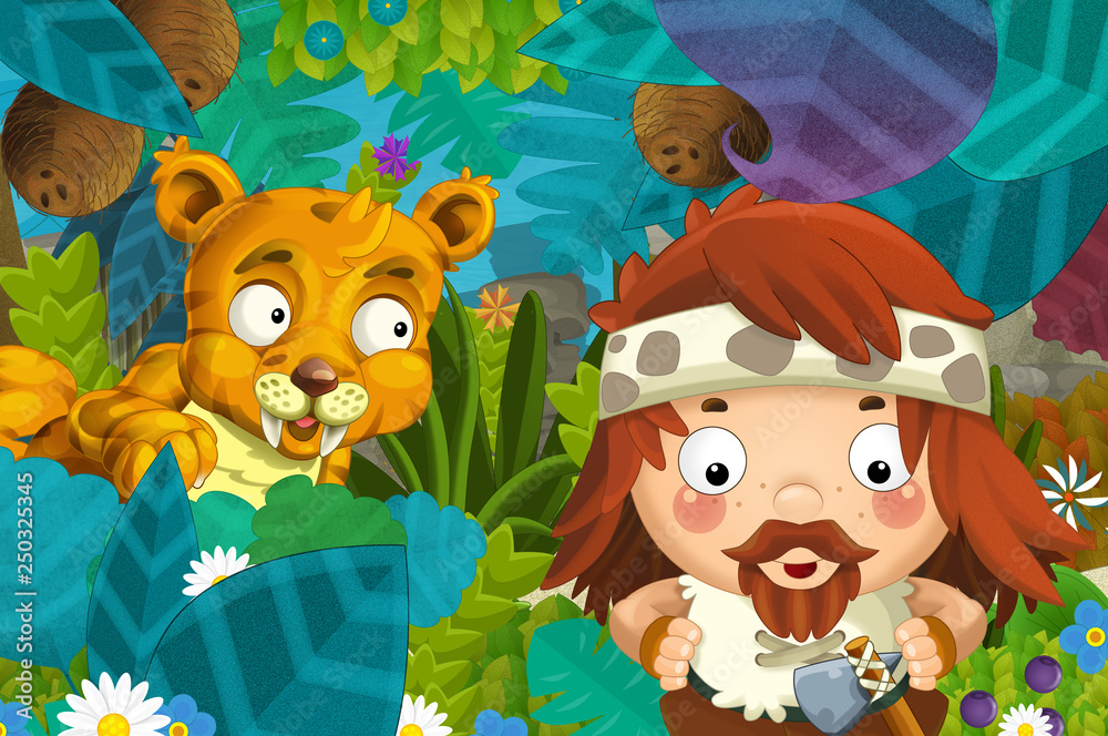 Naklejka premium cartoon scene with caveman barbarian warrior encountering sabre tooth illustration for children