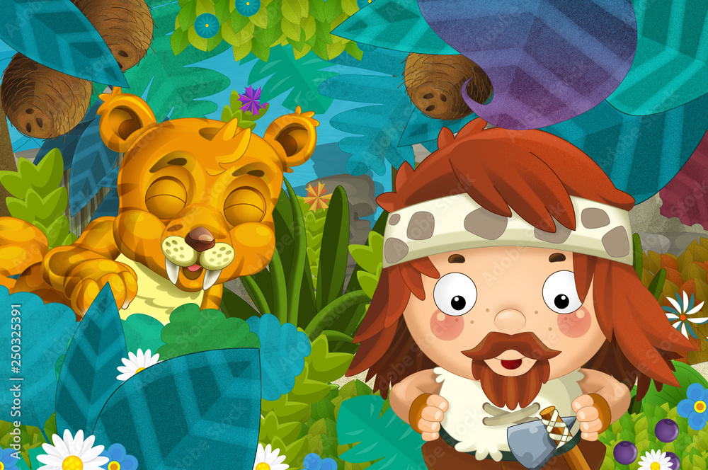 Naklejka premium cartoon scene with caveman barbarian warrior encountering sabre tooth illustration for children
