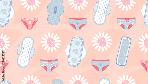 Seamless pattern with feminine hygiene products. Panty, sanitary napkin and chamomile. Vector illustration for textile, medicine, poster, background, book.