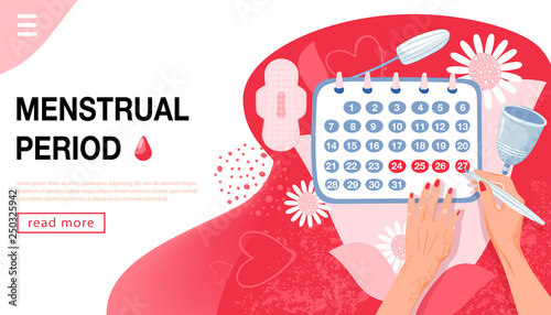 Woman hygiene protection concept. Landing page template. Woman marks monthly in the calendar. Illustration with woman hands, menstrual cup, monthly calendar and sanitary napkin. Vector illustration.