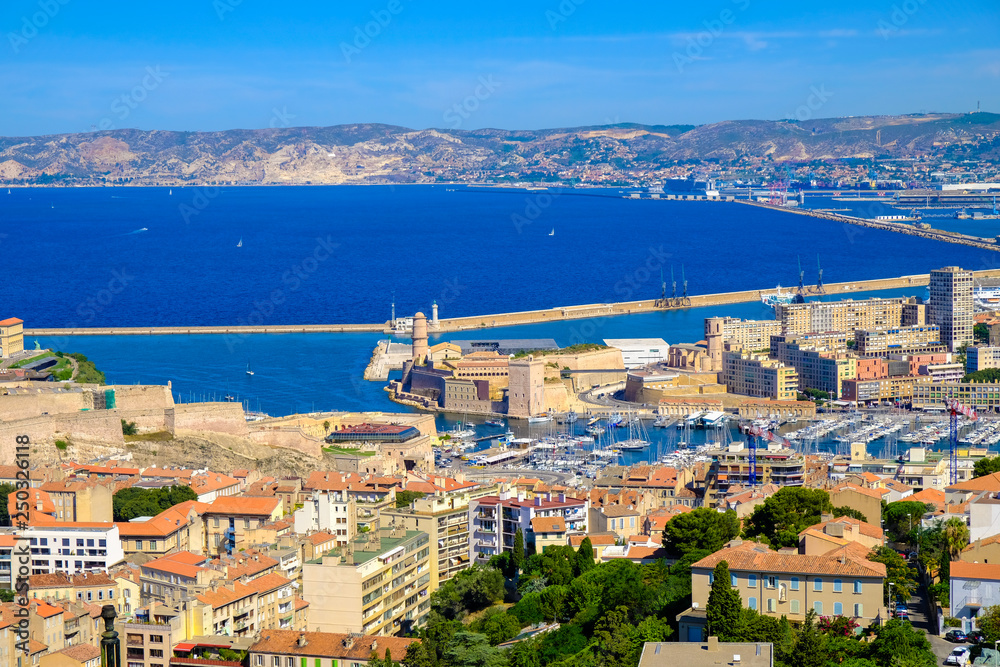 Panoramic view of the Old and New Ports of Marseille. Vieux-Port de Marseille, France.