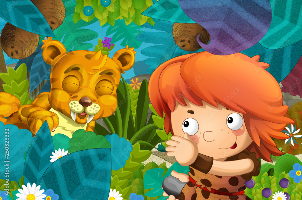 cartoon scene with caveman barbarian warrior encountering sabre tooth illustration for children