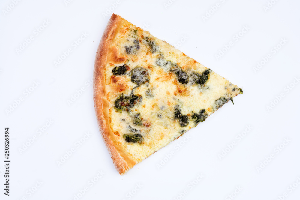 Fototapeta Spinat Pizzastück Slice Pizza Stück top view closeup weiß Hintergrund essen