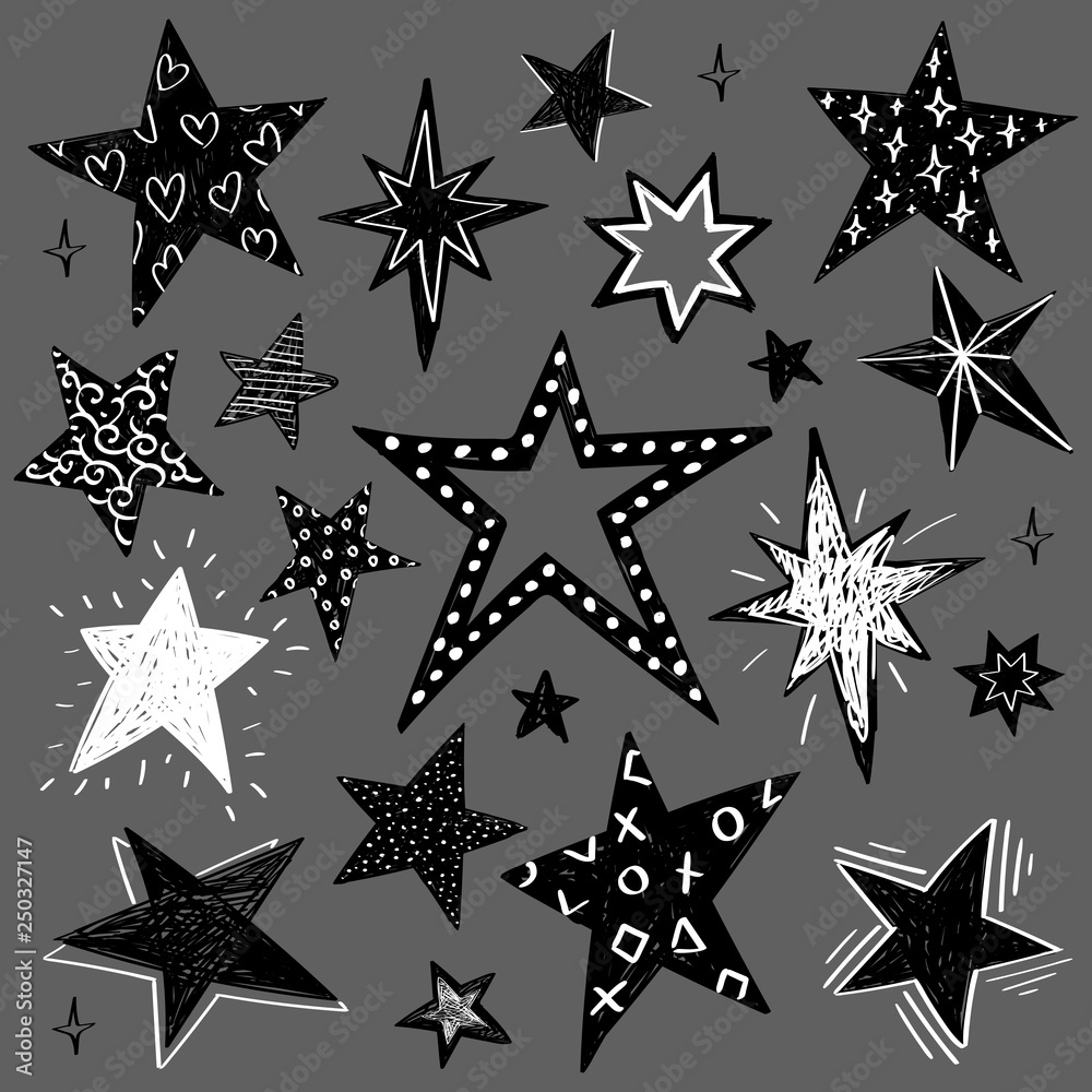 Set of black and white hand drawn vector stars in doodle style isolated on gray background. Could be used as pattern element, cards, childish design Set of black and white hand drawn vector stars in doodle style isolated on gray background. Could be used as pattern element, cards, childish design