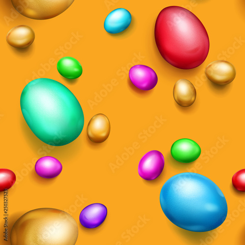 Seamless pattern of realistic colored Easter eggs with shadows on orange background