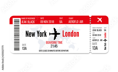 Realistic airline ticket design with passenger name. Vector illustration