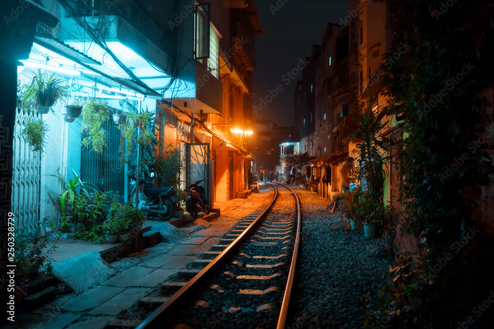 Hanoi Train Street in city center at old town at night