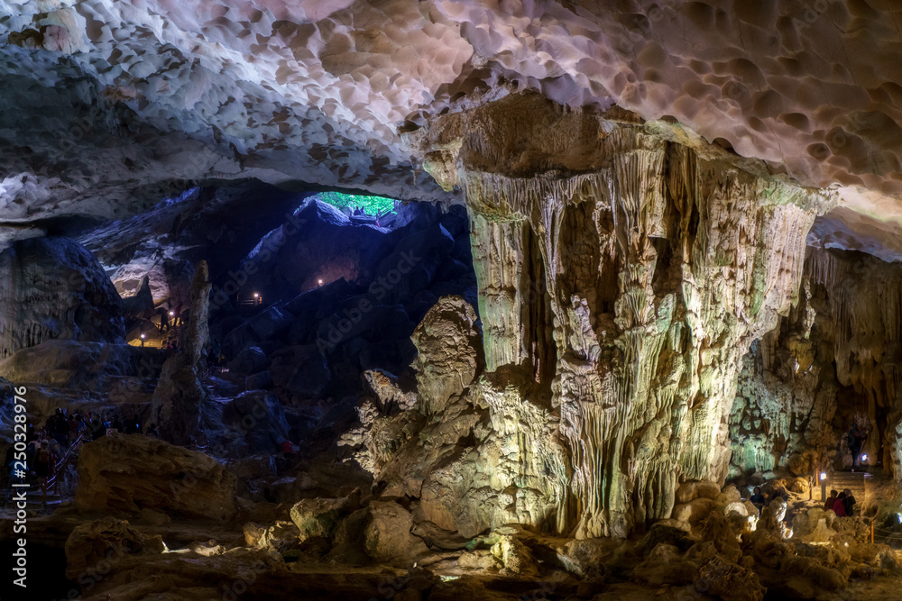 Cave deep dark inside near entrance. Underground of stone rock mountain. Ha Long Vietnam nature background