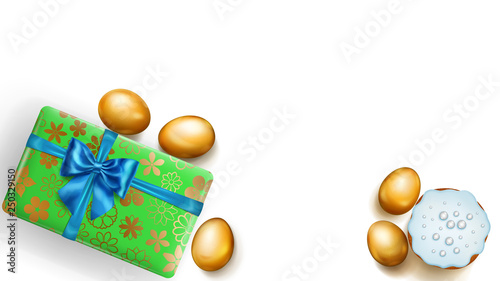 Realistic golden Easter eggs, tasty cake and beautiful gift box with bow on white background
