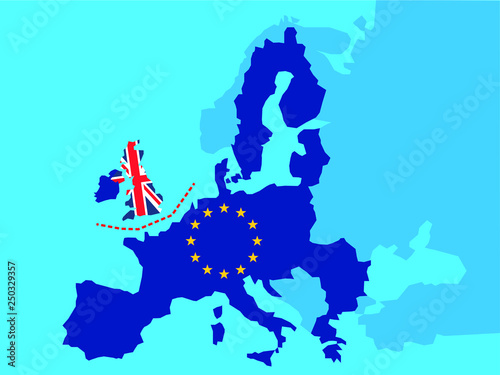 Brexit referendum UK concept - United Kingdom, Great Britain or England leaving EU with UK as a flag and EU stars on map of europe with border line to England - vector illustration