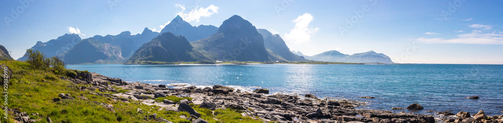 stone beach and mountains in Lofoten in Norway