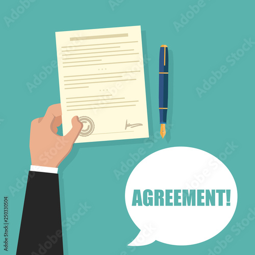 Hand holding contract agreement vector illustration