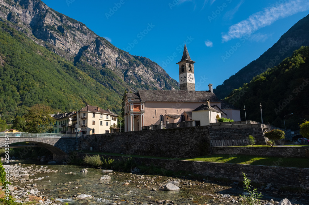 Scenery of Bignasco in Ticino, Switzerland next to Maggia River