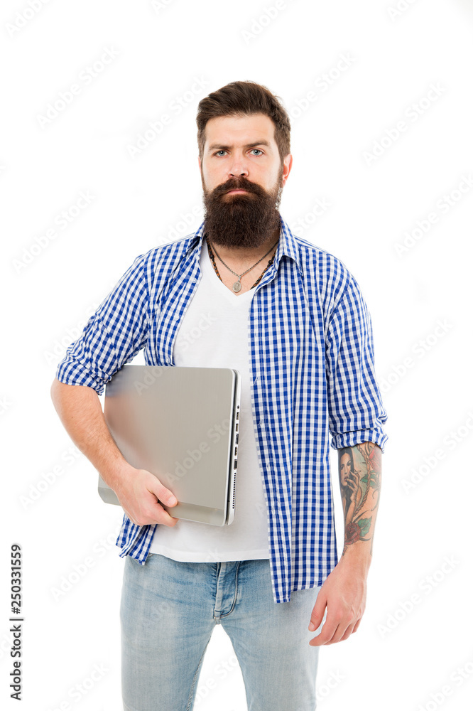 Guy bearded man brutal web developer. Social media marketing expert. Man  with laptop works as smm expert web developer or programmer. Remote job.  Freelance job. IT developer. Modern occupation Stock-Foto | Adobe