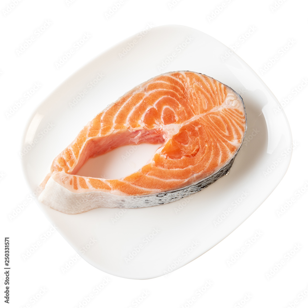 Fresh Salmon Steak On Dinner Plate Isolated On White With Clipping Path