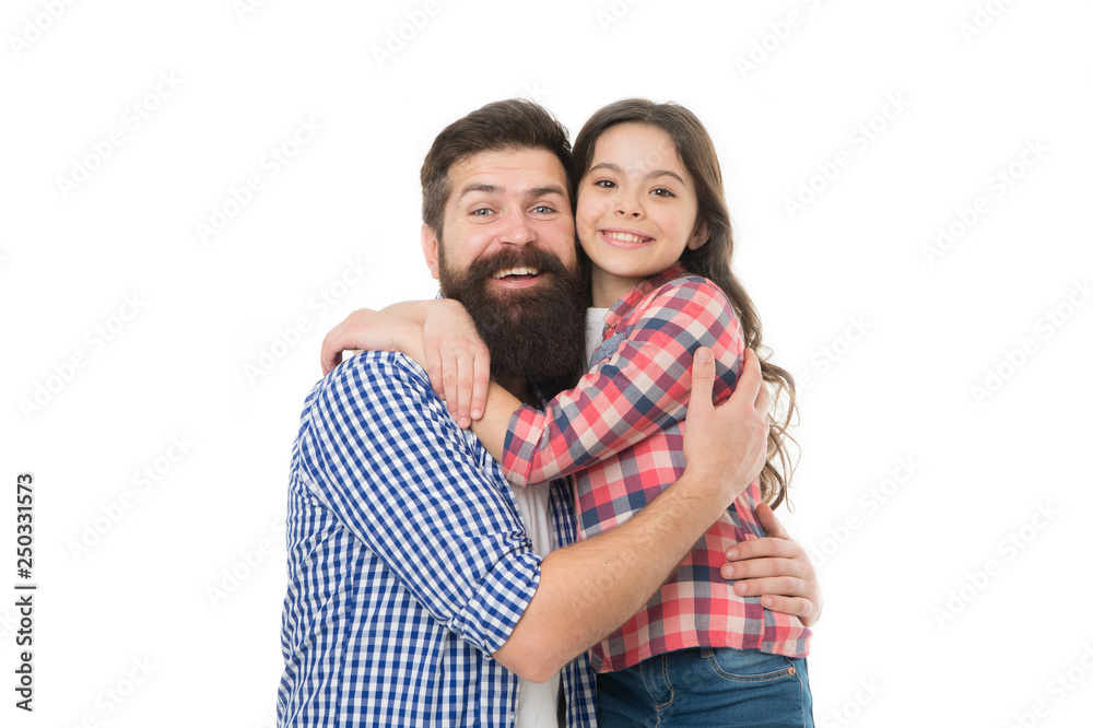 Best dad ever. Child and dad best friends. Friendly relations. Parenthood and childhood. Fathers day concept. Lovely father and cute kid. Happy to be father. Father and daughter hug white background Best dad ever. Child and dad best friends. Friendly relations. Parenthood and childhood. Fathers day concept. Lovely father and cute kid. Happy to be father. Father and daughter hug white background