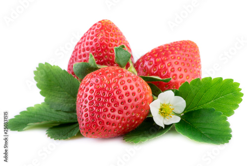 Fresh organic Strawberry with leaves on white