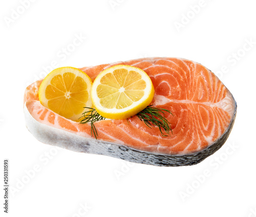 Fresh Salmon Fish Steak Wih Lemon Slices Isolated On White Background