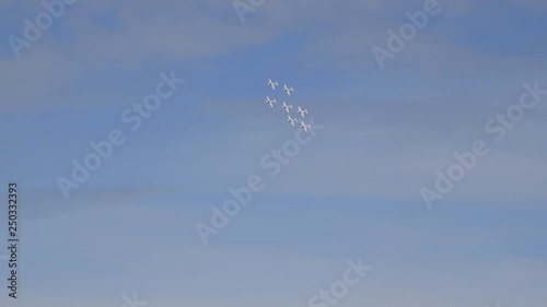 Airshow jets performing in formation in the sky