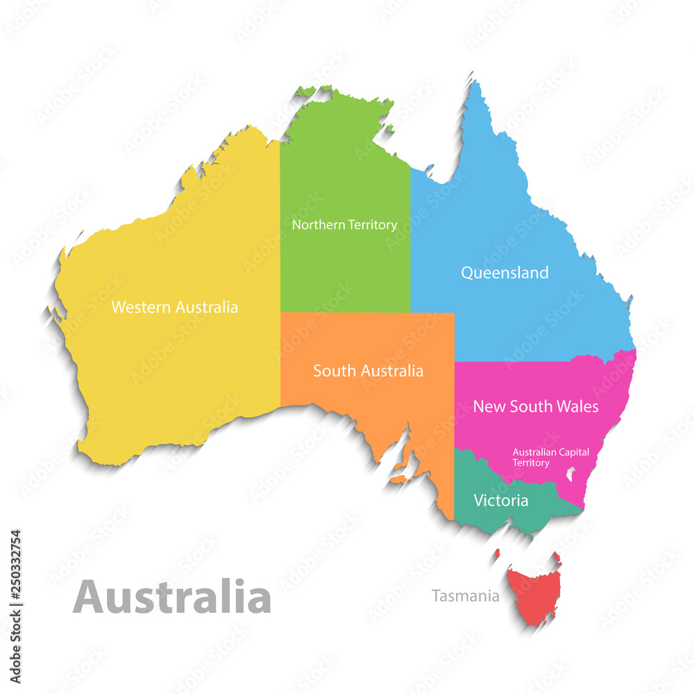 Australia map, new political detailed map, separate individual states, with state names, isolated on white background 3D vector