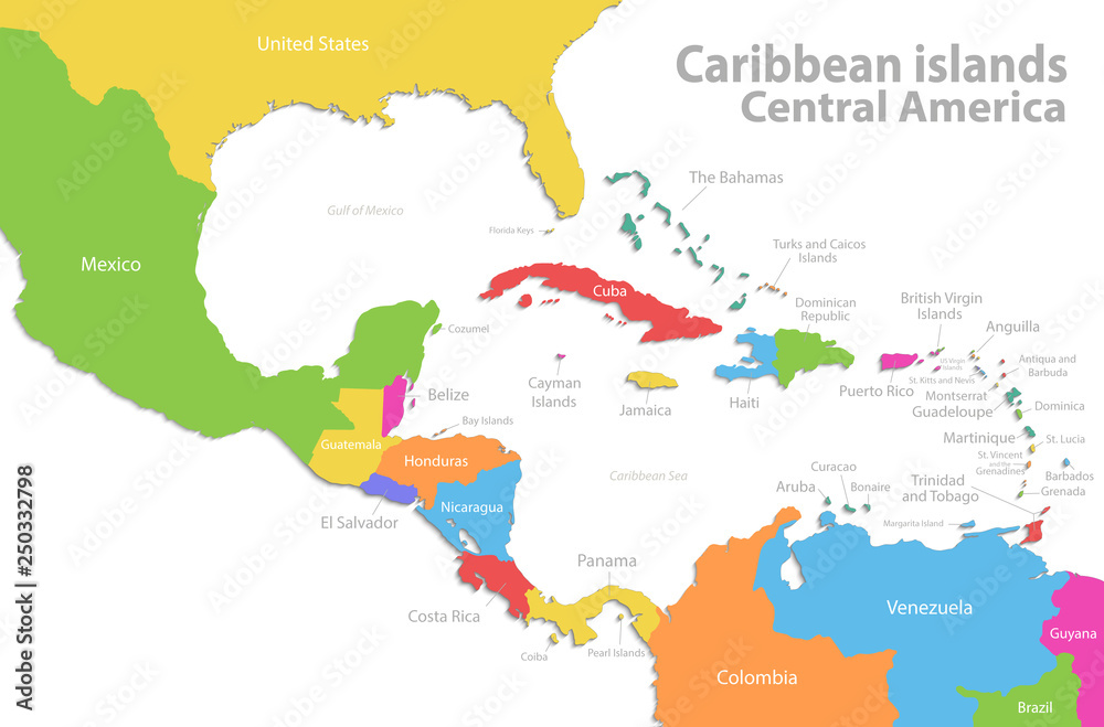 Caribbean islands Central America map, new political detailed map, separate individual states, with state names, isolated on white background 3D vector