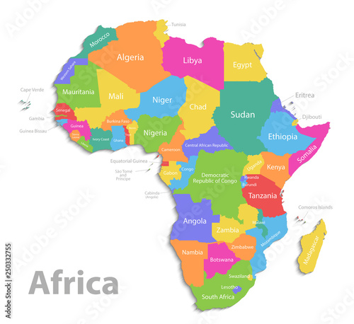 Africa map, new political detailed map, separate individual states, with state names, isolated on white background 3D vector