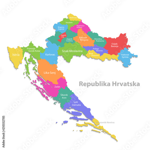 Croatia map  new political detailed map  separate individual regions  with state names  isolated on white background 3D vector