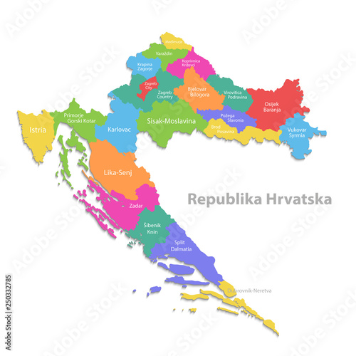 Croatia map, new political detailed map, separate individual regions, with state names, isolated on white background 3D vector