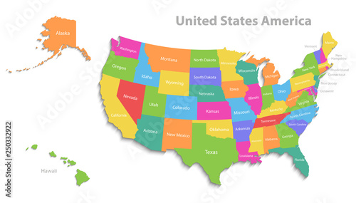 USA map with Alaska and Hawaii map  new political detailed map  separate individual states  with state names  isolated on white background 3D vector