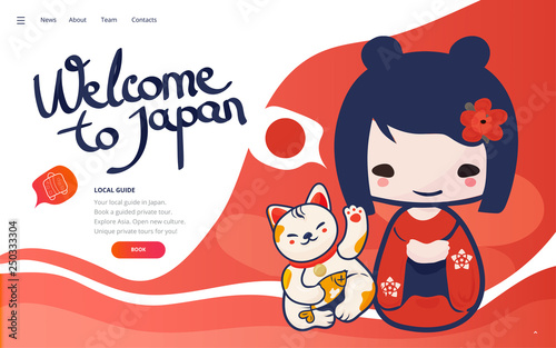 Vector template for Vacation in Japan promotion or poster. Holydays in Japan landing page wireframe or japanese tour banner with kokeshi doll and lucky cat.