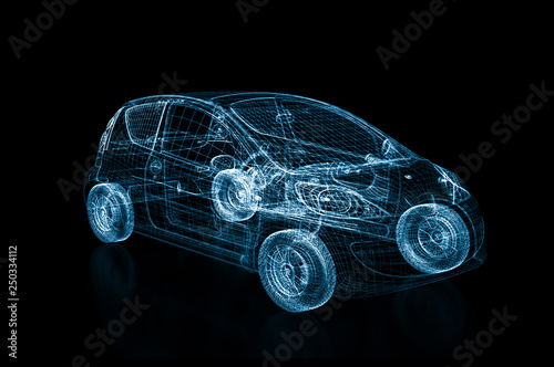 3d rendering of a brandless generic car blue wires on black background