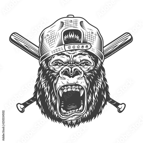 Vintage angry gorilla head in cap