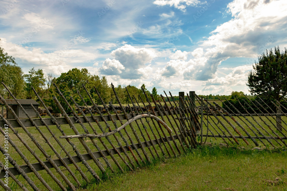 Wooden fence against the background of forest and fields.