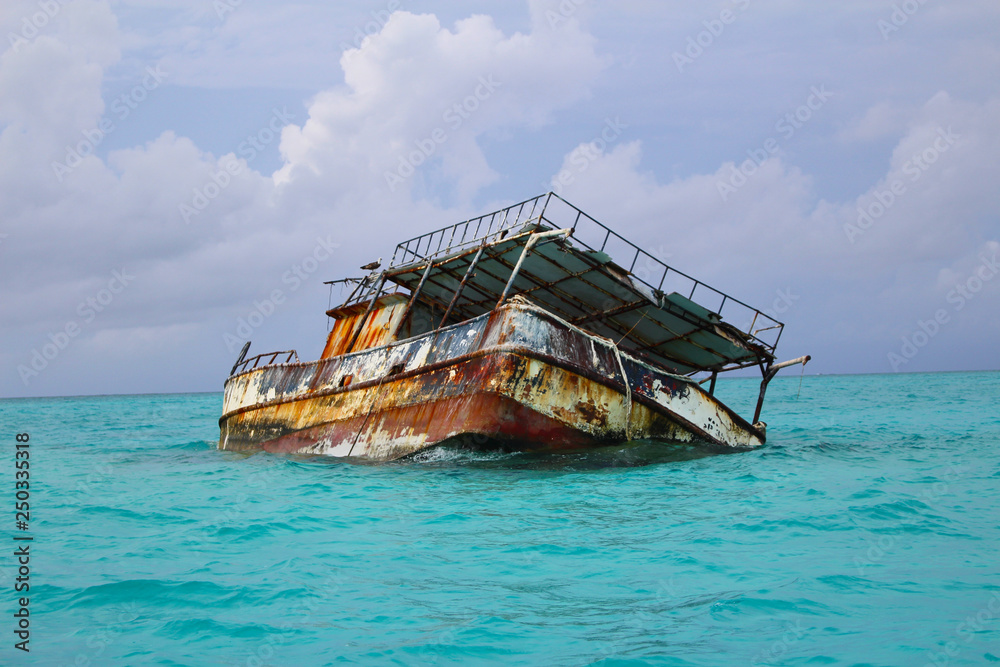 A ship wrecked in the waters of the Bahamas, Long Island, Bahamas