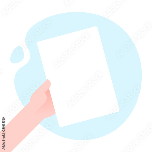 Business man hand holding paper mockup empty template vector illustration, a4 blank sheet list without text, concept of attention, announcement frame flat style