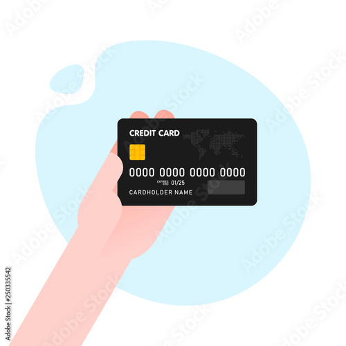 Hand with black credit card for payment on blue abstract modern shape background Vector illustration business concept design