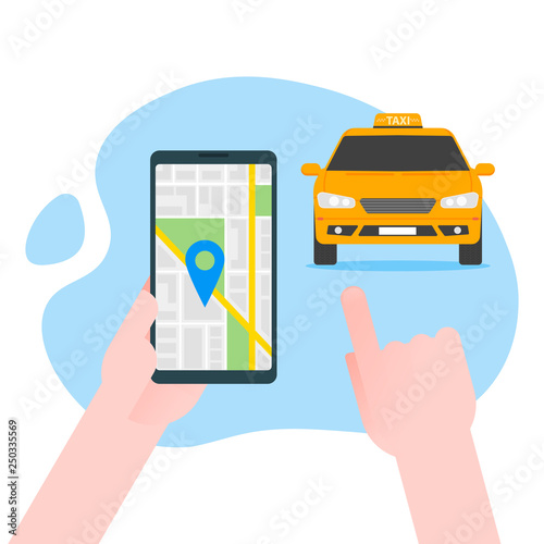 Ordering online taxi on smartphone vector illustration, flat carton design of mobile phone, taxicab in bubble, city map location destination, person calling or taking taxi in cellphone isolated