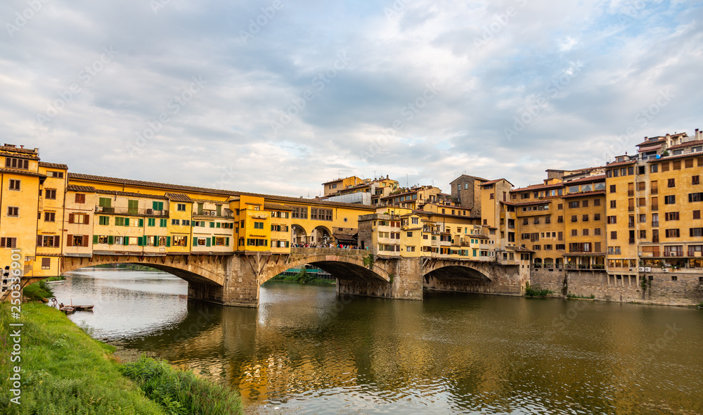 The old bridge of Ponte Vecchio with its many jewelry stores in Florence, Italy