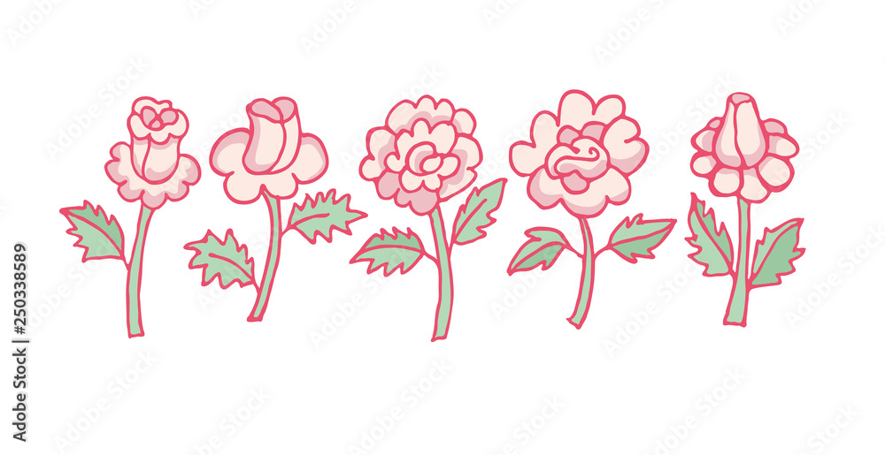Blooming Roses. Freehand drawn pink roses. Five drawn flowers arranged in a horizontal ornament. Template for a gentle romantic design. Blooming Roses. Freehand drawn pink roses. Five drawn flowers arranged in a horizontal ornament. Template for a gentle romantic design.