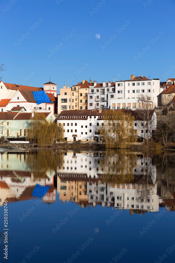 Sunny winter royal medieval Town Pisek above the river Otava, Czech Republic 