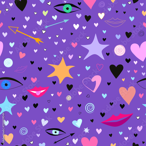 seamless pattern with stars, hearts, lips, arrows, eyes. colorful and festive. hand drawn naive, childish style background, vector