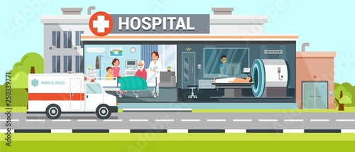 Hospital and Ambulance Flat Vector Illustration