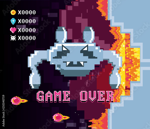 classic video scene with monster game over