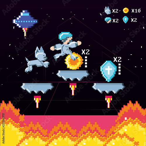 classic video game scene with warrior and flame