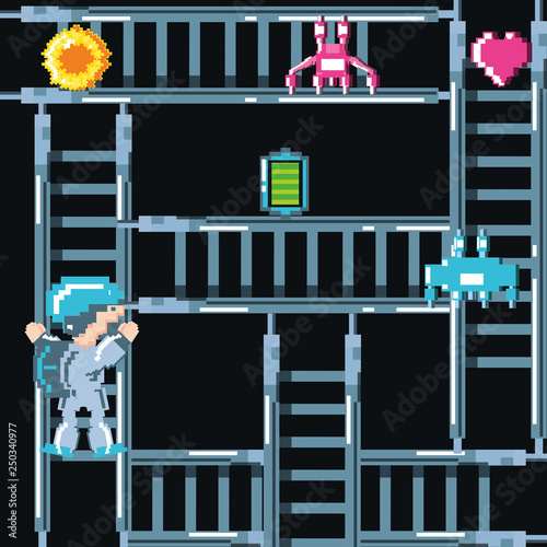 classic video game scene with warrior in stairs