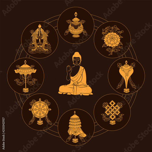 Ashtamangala. Eight auspicious symbols of Buddhism, golden on brown