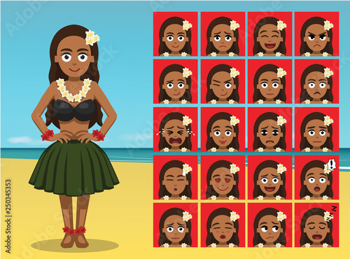 Hawaiian Traditional Dance Costume Woman Cartoon Emotion faces Vector Illustration